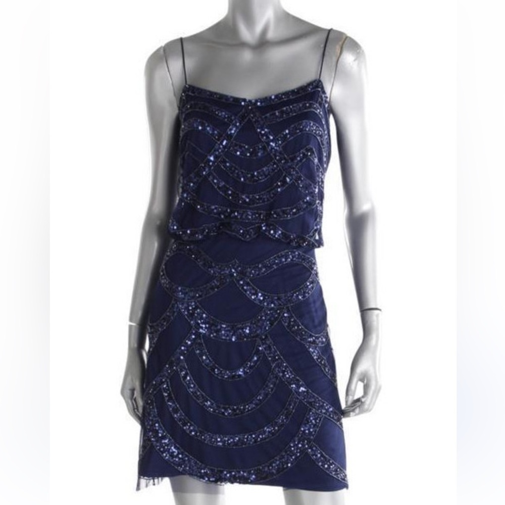 Aidan Mattox Navy Mesh Sequins mini dress women 6 Blouson Party luxury event Y2K